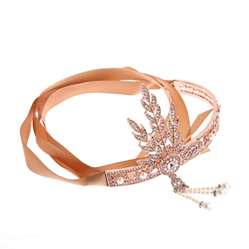 Ubbetter The Great Gatsby Inspired Leaf Simulated Pearl Headband Hair Tiara (Rose Gold)