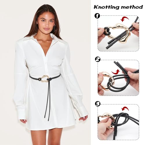 Skinny Thin Belts for Women PU Leather Knotted Waist Belt with Gold Buckle for Dresses2