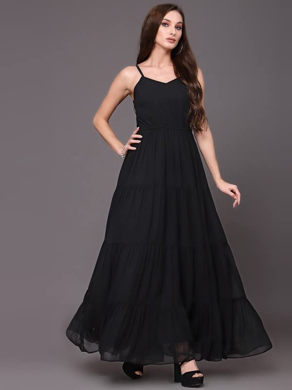 Selvia Women's Solid Sleeveless Weight Less/Georgette Sweetheart Neck Empire Dress(401Tk7264N-L_Black)