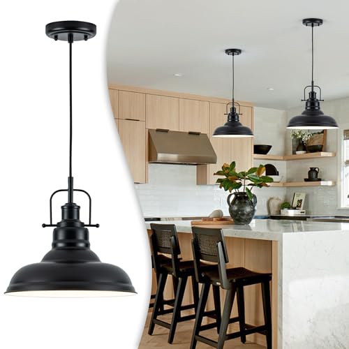 Image of Zlepmlla Famrhouse Pendant Light, Black Pendant Light Fixture with Metal Dome Shade, Adjustable Height Hanging Light for Kitchen Island, Living Room, Bedroom