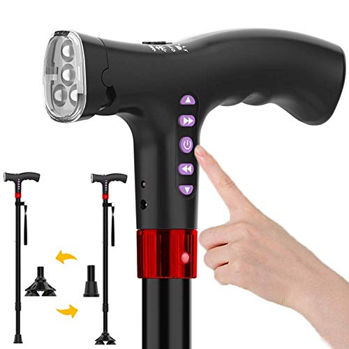 Bastón LED con radio FM y alarma, bastón plegable telescópico ligero para seguridad de ancianos y actividades al aire libre