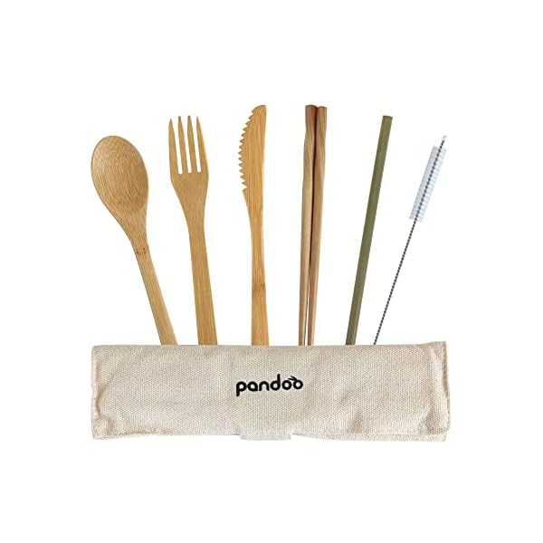 Eßbesteck aus Bambus Picknick und Reise Besteck-Set mit Tasche | Camping Geschirr, Reisebesteck, Zero Waste besteck | Löffel, Gabel, Messer, Eßstäbchen & Strohhalm | Mit Bestecktasche