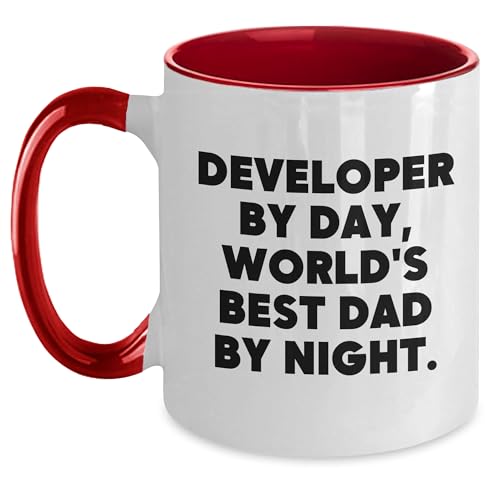 Developer By Day, World's Best Dad By Night. Funny Two Tone Coffee Mug, Gifts from Dad to Developer, Birthday Unique Gifts for Developer