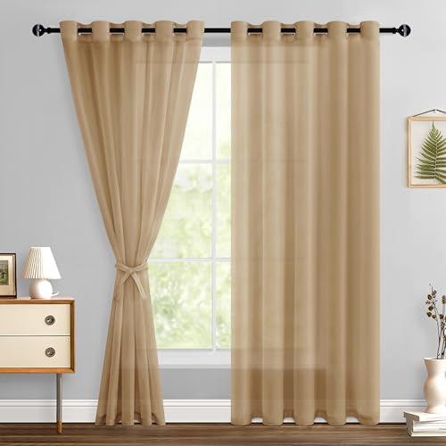 Hiasan Taupe Sheer Curtains with Tiebacks, Grommet, W60 x L84, 2 Panels