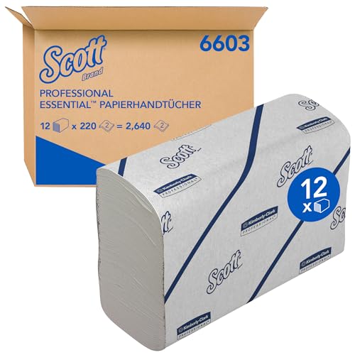 Scott Essential Papierhandtücher 6603, 2-lagiges weißes Narrowfold-Handtuchpapier, aus FSC-zertifiziertem Papier, für das umweltbewusste Händetrocknen, 12x 220 Papierhandtücher (insg. 2.640)