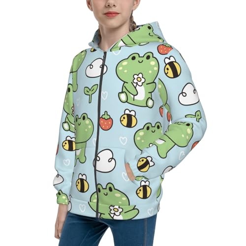 Cute Floral Frog Kid Hoodies Boys Zip Up Sweatshirts Girls Pullover with Pocket