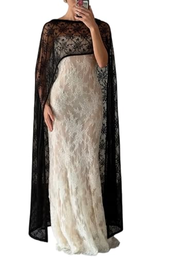 Hedovan Womens Floral Lace Capelet Sheer Cape Shawl Poncho Tops Elegant Floor Length Lace Wraps Wedding Evening Formal (Black One Size)