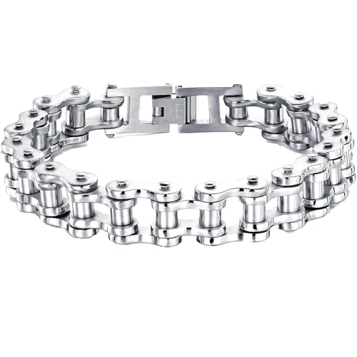 Ockyunoo Bracelet de Vélo pour Homme - Chaîne de Motard de Moto en Acier Inoxydable, Lien de Punk Rock, Bijoux pour Hommes et Garçons (Argent)