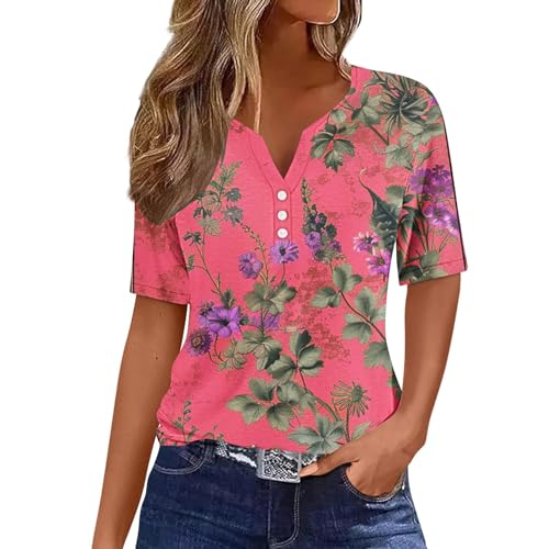 Camiseta de Manga Corta Mujer 2024 Moda Estampado Floral Camisa Henley Blusa Verano Suelto Cuello en V Botones Túnica Tops Elegante Casual Fiesta T-Shirt Original Basic Camisetas tee