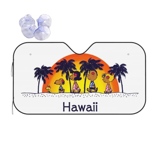 スヌーピー ハワイ サンシェード 車 フロント フロントサンシェード 遮光 UVカット 断熱 劣化防止 吸盤2個付 簡単着脱 コンパクト収納 76cm x 140cm