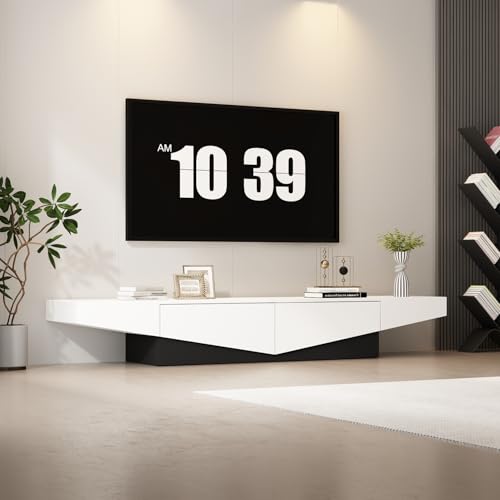 FAMAPY TV Stand with 2 Drawers, Modern TV Console Table Media Console Table with Hidden Handles, Contemporary Media Console for Living Room, No Handle, White and Black, 15.7”D x 78.7”W x 12”H