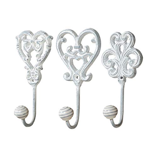 Romantic Chateaux Wall Hooks, Set of 3, Shabby French Country Style, Rustic White Finish, Cast Iron, Vintage Inspired, Striped Porcelain Caps, Each 2 3/4 L x 1 1/2 W x 5 1/2 H inches