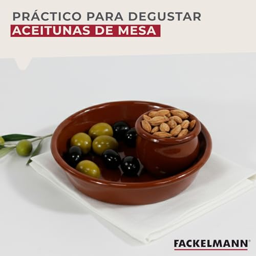 Miniatura 5 de Fackelmann Plato Aceitunero Pequeño De Cerámica, Cuenco Aceitunero De Barro Con Recipiente Para Huesos De Aceituna, Plato Para Aperitivos, Color Natural, Ø13x5cm, 1 Ud.