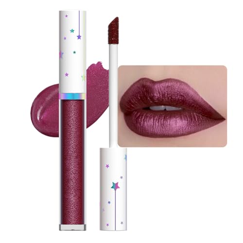 Image of evpct 1Pcs Dark Wine Red Metallic Shimmer Glitter Lip Gloss Liquid Lipstick Long Lasting Waterproof 24, Glitter Pearlescent Metallic Sparkly Liquid Lipsticks Lip Stains Makeup Set for Women 02