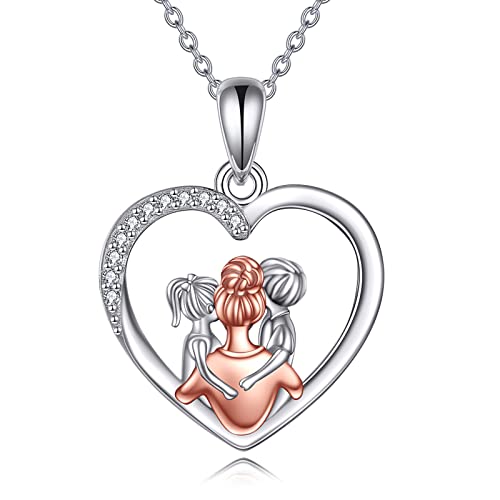 YAFEINI Mutter Tochter Sohn Kette 925 Sterling Silber Mama Herz Halskette Anhänger Schmuck Geschenke für Mama (Mutter Tochter Sohn Halskette)