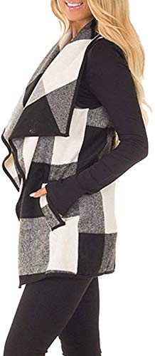 Yanekop Womens Lapel Sleeveless Open Front Hem Plaid Vest Cardigan Jacket with Pockets(Black 1,M)
