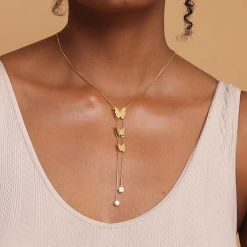 Image of PALMONAS 18k Gold Plated Butterfly Long Chain Necklace for Women - Jewellery Gift for Girls & Women | Waterproof & Anti-Tarnish Necklace, Stylish & Trendy Necklaces for Ladies