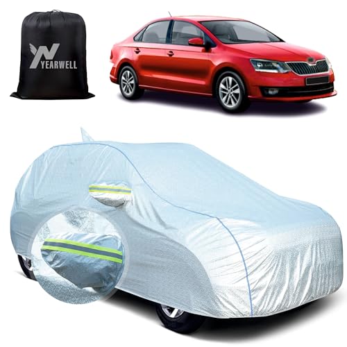 Image of Car Body Cover for Skoda Rapid, 100% Waterproof, Heat-Resistant with Mirror & Antenna Pockets, Soft Cotton Lining, Triple Stitched, Piping & Reflector (Reflective Silver)