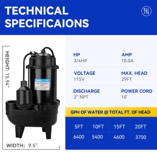 Image of Acquaer 3 /4HP Submersible Sewage Effluent Pump, Cast Iron, 115V 6400 GPH Automatic Tethered Float Switch, Sump Pump for Sump Basin, Basement, Residential Sewage, 2'' NPT Discharge