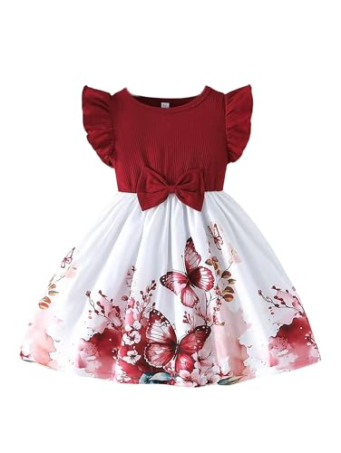 Image of Girls Fit & Flare Dress with Bow | Ribbed Short Sleeve Top & Printed Flared Skirt | Butterfly Floral /Jungle Safari Print | Casual Frock for Kids (9M-4Y)(DW-235)