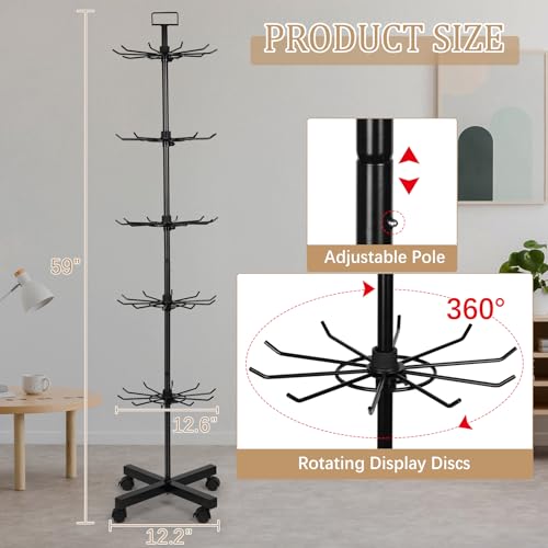 Exttlliy Retail Display Stand Store Display Rack 5 Tier Metal Spinning Display Stand Rack with Wheels Keychain Jewelry Stocking Hat Display Stand with Hooks for Malls, Showroom, Retail Store (Black)