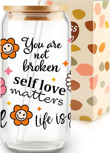 VIISPIRIT Self Love Matters, Mental Health Sublimation Glass Tumbler, 16oz Glass Can Cup with Positive Quotes and Smiley Flowers, Gift for Her Best Friend Tumbler, Self Care Gift, Lid and Straw