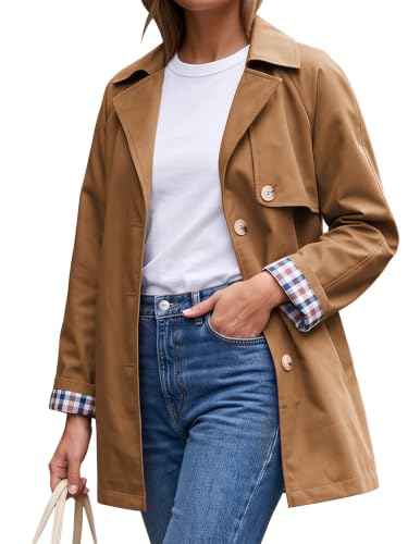 ECOWISH Womens Trench Coat Lightweight Jacket Plaid Linning