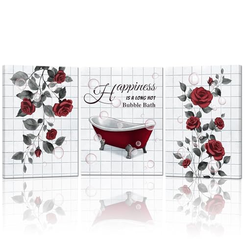 FuShvre Red Bathroom Wall Art Burgundy Grey Bathtub and Rose Paintings Pictures Canvas Inspirational Bathroom Wall Decor Framed 12"x16" each piece