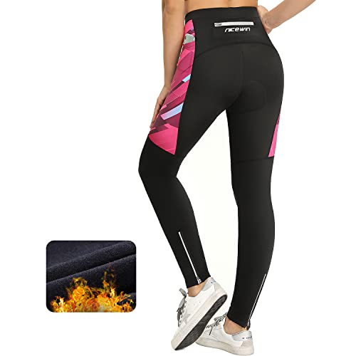 NICEWIN Radlerhose Fahrradhose Damen Lang mit Sitzpolster 4D Gepolsterte Winter Thermo Radhose Atmungsaktiv stoßfeste Tights Elastisch Hosen,XL,Rot-Thermo Wolle Cover