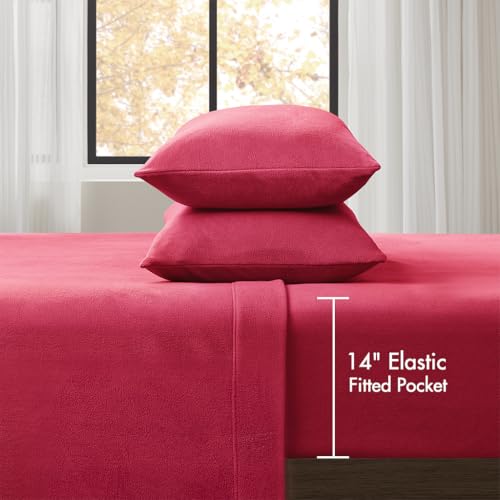 Image of True North by Sleep Philosophy Micro Fleece Bed Sheet Set, Warm, Sheets with 14 inch Deep Pocket, for Cold Season Cozy Sheet-Set, Matching Pillow Case, Twin, Red, 3 Piece