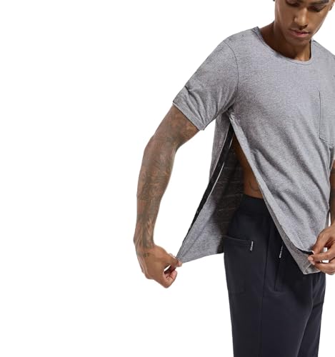 Landofgenie T-Shirt Sportif Homme Post-Opération Épaules - Vêtement Médical à Boutons-Pression pour Chimiothérapie, Rééducation et Convalescence Gris 2XL – vue 4