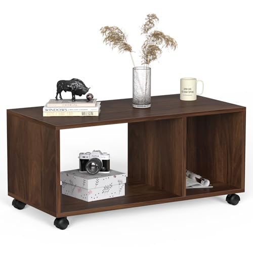 Image of BLUEWUD Taury Engineered Wood Coffee Center Sofa Tea /Teapoy Console Table with Wheels or Casters for Sofa Set Living Room Home Hall Furniture (Brown Maple)