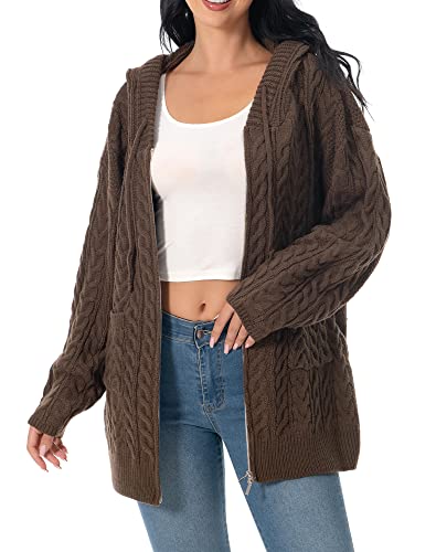 Shineflow Women Hooded Cardigan Oversized Slouchy Zipper Cable Knit Cardigan Coat Solid Color Sweater Casual Knit Knitwear (Coffee,M) #TOP6