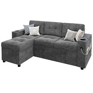 GAOMON Sofa Bed, 84″ Sectional Couches for Living Room with Storage Armrest, Sleeper Sofa with Storage Chaise, L Shaped Couch with Charging Station, Pull Out Couch with Cup Holder, Dark Gray