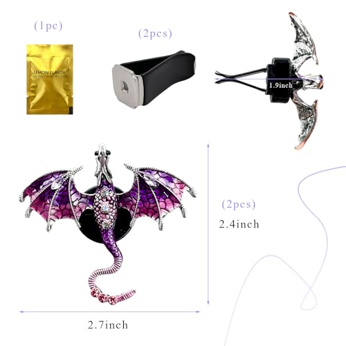 Image of 2PCS Bling Wyvern Car Air Freshener Vent Clips, Alloy Enamel Dragon Auto Outlet Clips with Fragrance Tablets, Refillable Cute Flying Dragon Crystal Vent Clip Aroma Diffuser (Purple)