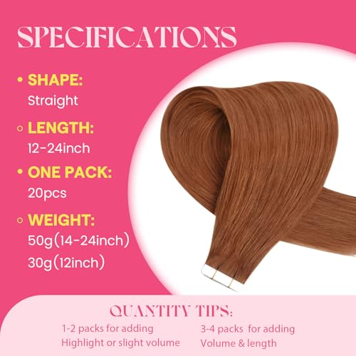Image of Ve Sunny Copper Tape in Hair Extensions Human Hair Copper Tape in Extensions Copper Hair Tape in Extensions Human Hair Long Straight Hair 20pcs 50g 22inch, 2-Tape20pcs-#350