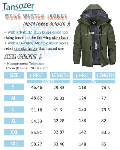 Tansozer Winterjacke Herren Warm Wasserabweisende Regenjacke Gefüttert Wanderjacke Atmungsaktiv Winddicht Ski Jacke Winter, Armeegrün, L