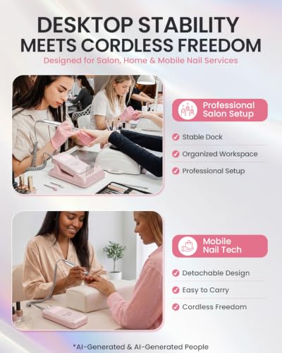 Makartt Brushless Nail Drill: 60W 35000RPM Cordless E-File, Pink VYKTOR — view 4
