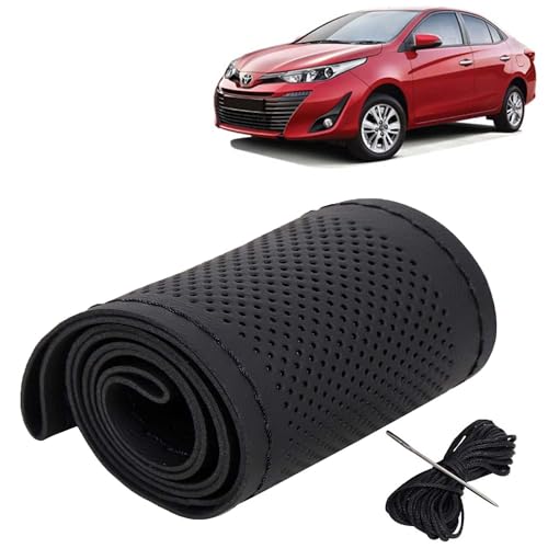 Image of KINGSWAY PU Leatherite Car Steering Cover Sewable Compatible with Toyota Yaris (Year 2018 Onwards), Black Color with Black Thread, Pack of 1 with Sewing Needle and Thread