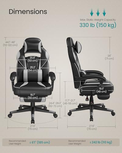 SONGMICS Racing Gaming Chair, Adjustable Office Chair with Footrest, Ergonomic Design, Headrest, Lumbar Support, 150 kg Weight Capacity, Ink Black and Dove Grey OBG073BH08