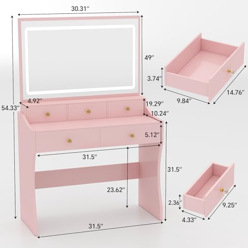 Image of COMHOMA Vanity Desk with LED Lights Mirror & Power Outlet, Small Makeup Vanity Table Set with 5 Storage Drawers, 3 Lighting Modes & Adjustable Brightness, Dressing Table for Women Girls Bedroom, Pink