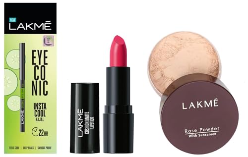 Image of LAKME Cushion Matte Lipstick & Eyeconic Insta Cool Kajal, Black & Lakme Rose Loose Face Powder, Matte Finish, 40G