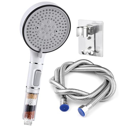 Alcachofa de Ducha Alta Presión con Flexo 2M y Soporte Adhesivo - Ducha de Mano 120mm, 5 Modos de Chorro, Filtro Iónico de 4 Capas, Universal G1/2 Ahorro de Agua para Agua Caliza