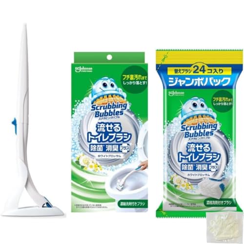 【まとめ買い】 スクラビングバブル 流せるトイレブラシ 除菌消臭＋ホワイトブロッサムの香り 本体+付け替え用 (4個+24個) トイレ洗剤 黒ズミ トイレ掃除 ブラシ 使い捨て 洗剤 掃除用ゴム手袋付き（Amazon）
