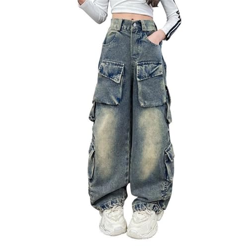 Girls Cargo Jeans Y2K Streetwear Wide Leg Pants Baggy Denim Pants High Waisted Loose Fit Trousers with Pockets