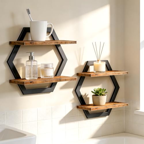 2er-Set Wandregal Holz und Metall,Schweberegal,Regalbrett,Dekorativ Regale für Wände,Hängeregale für Wohnzimmer,Schlafzimmer,Küche,Büro (Schwarz)