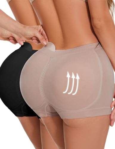 Zimi Collection 2pack Hip Enahncer Body Shaper Boyshort Underwear Butt Lifter Panties Underwear for Women with Removable Pads Black+Blush L