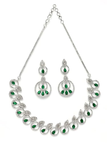 Image of Karatcart Silver Tone Green American Diamond Studded Necklace Set for Women