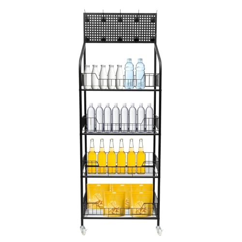 Beaccoss 4-Tier Storage Shelf Display Rack with Wheels & Hooks, Metal Retail Display Rack Stand, Snack Candy Display Rack Organizer, Basket Stand Cart