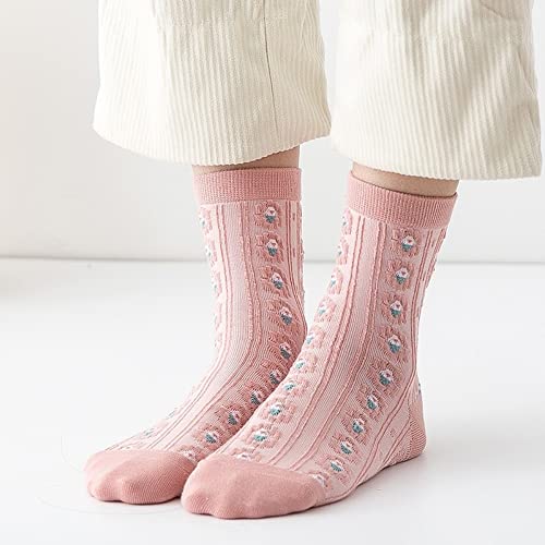 Women Vintage Pink Floral Patterned Cute Ruffle Cotton Ankle Socks 5 Pairs3